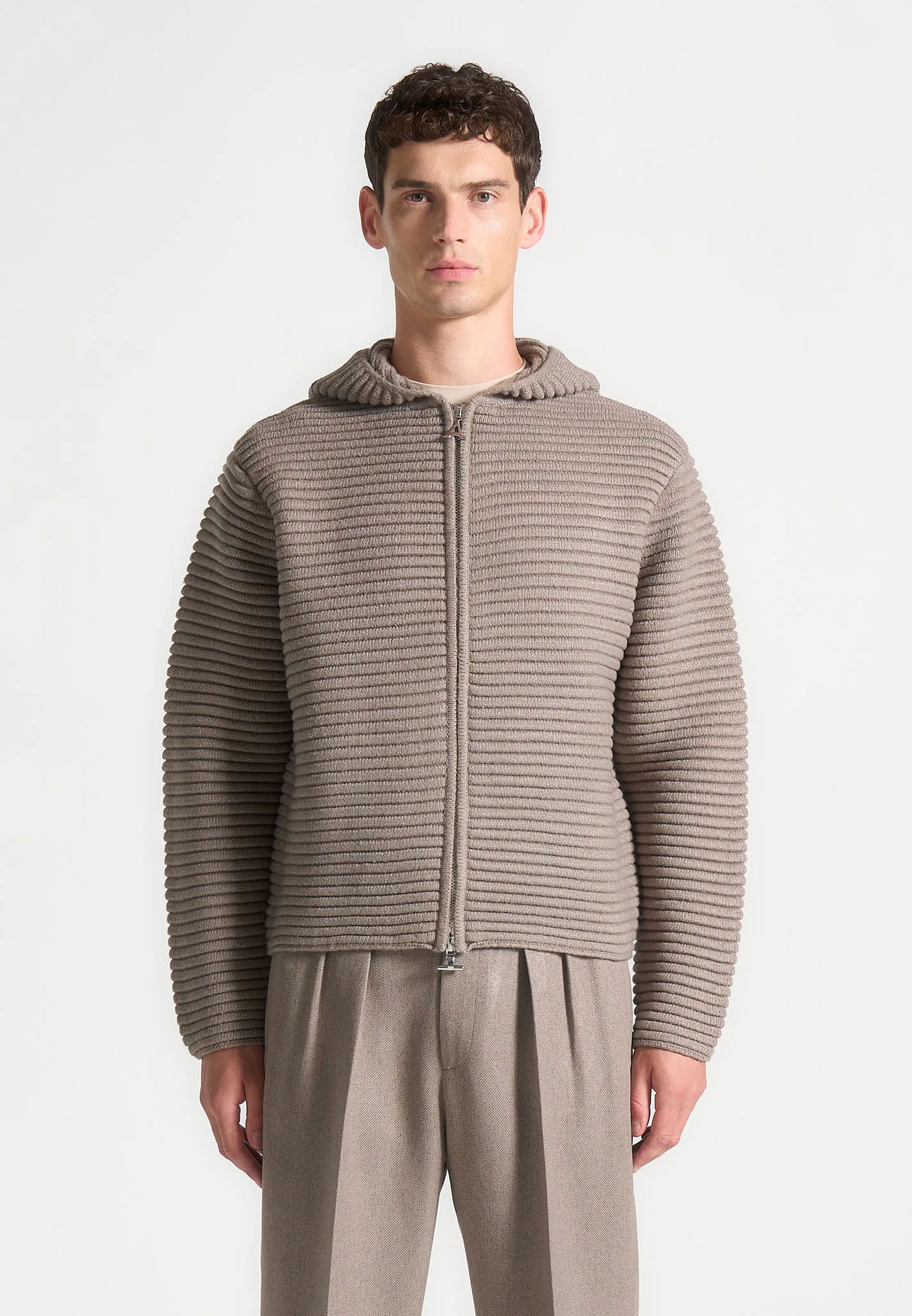 Ribbed Knit Zip Up Hoodie - Taupe