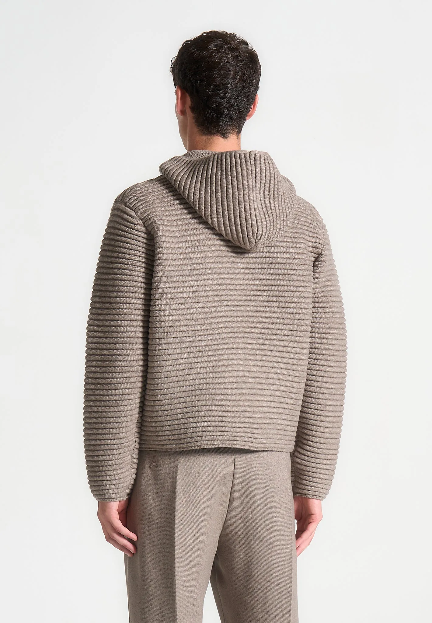 Ribbed Knit Zip Up Hoodie - Taupe