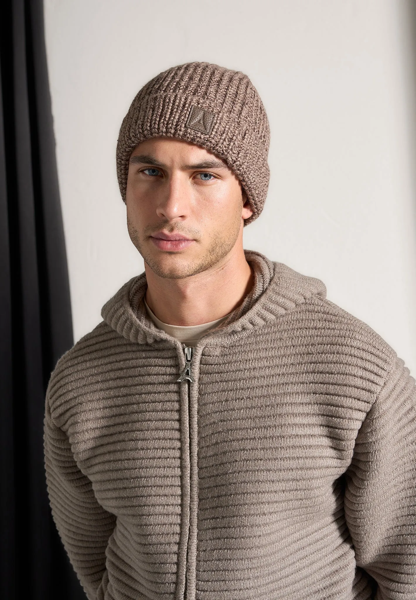 Ribbed Knit Zip Up Hoodie - Taupe