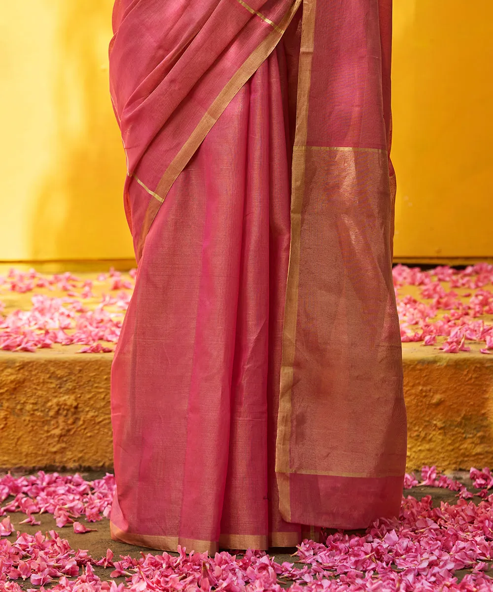 Rose Gold Handloom Tissue Chanderi Saree With Small Gold Zari Border