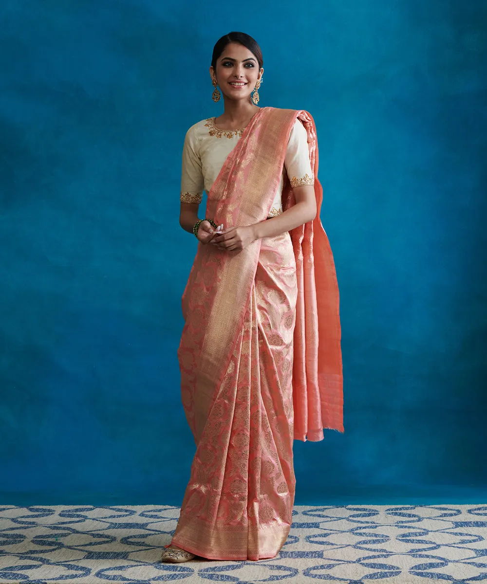 Rose Pink Handloom Pure Katan Silk Banarasi Saree With Zari Border