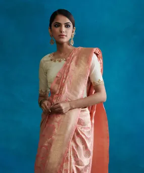 Rose Pink Handloom Pure Katan Silk Banarasi Saree With Zari Border