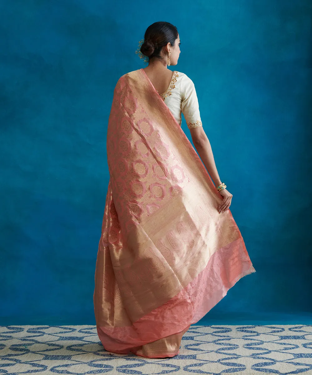 Rose Pink Handloom Pure Katan Silk Banarasi Saree With Zari Border