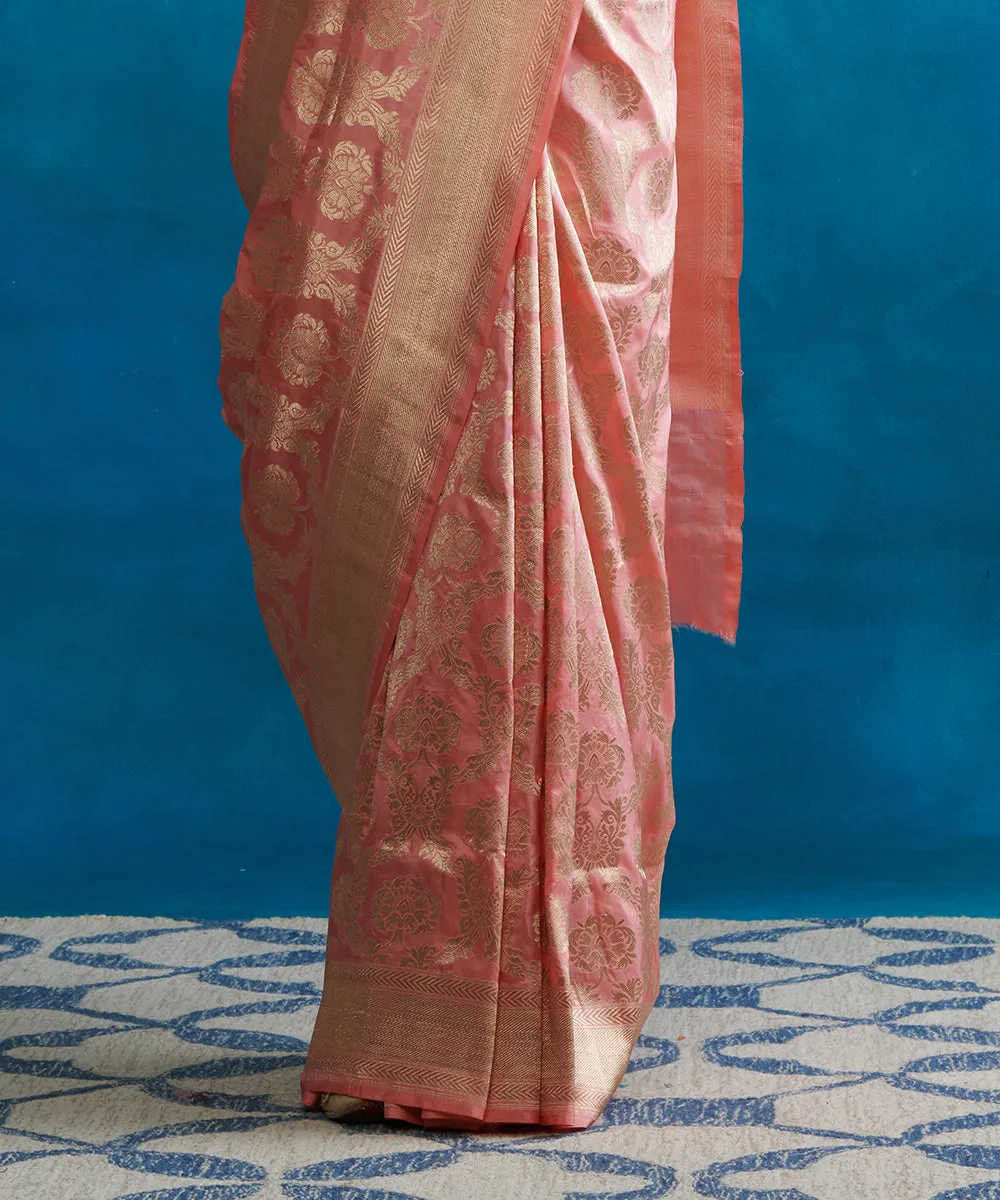 Rose Pink Handloom Pure Katan Silk Banarasi Saree With Zari Border