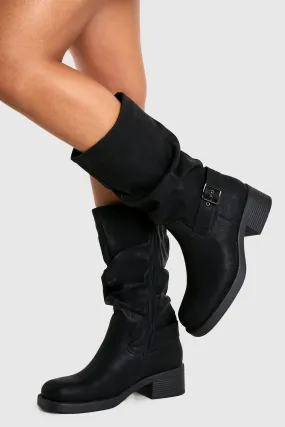 Ruched Slouch Buckle Detail Knee High Boots