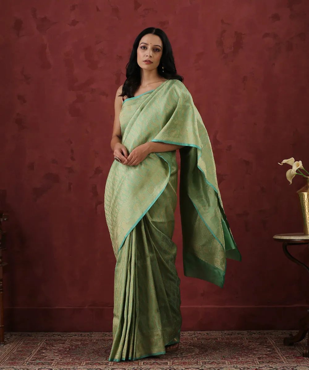 Sea Green Handloom Kimkhab Pure Katan Silk Banarasi Saree With Antique Zari