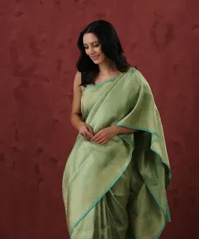 Sea Green Handloom Kimkhab Pure Katan Silk Banarasi Saree With Antique Zari