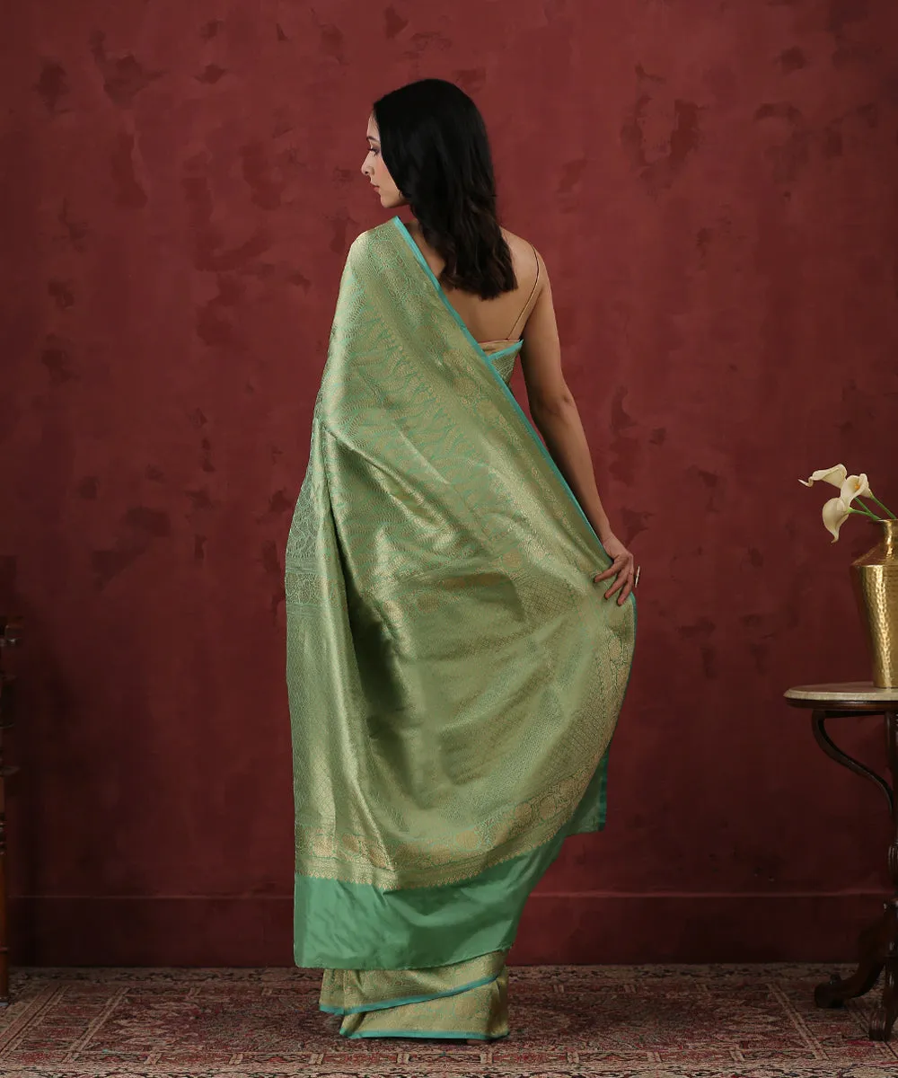 Sea Green Handloom Kimkhab Pure Katan Silk Banarasi Saree With Antique Zari