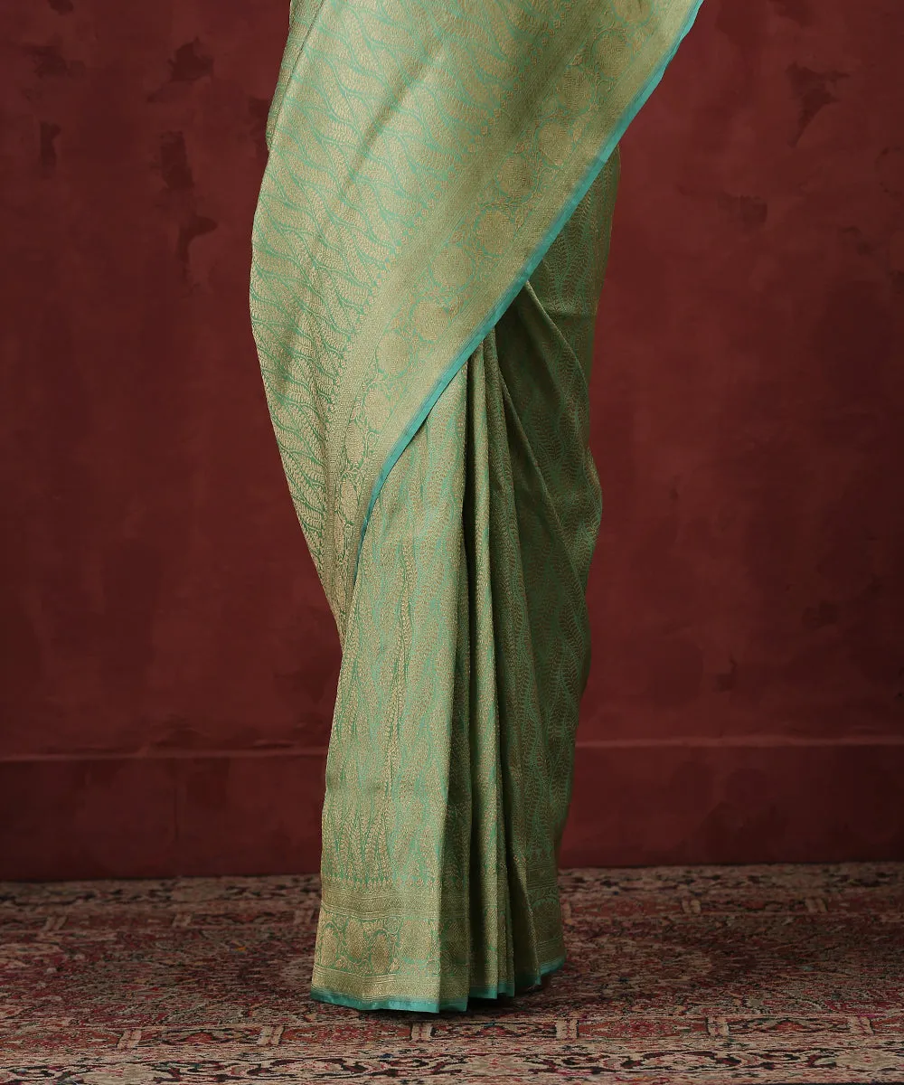 Sea Green Handloom Kimkhab Pure Katan Silk Banarasi Saree With Antique Zari