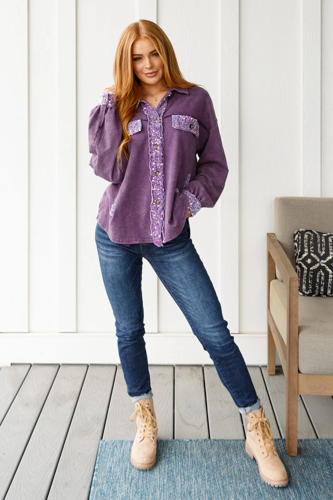 Shop the Purple Swifty Sequins Shacket Online.