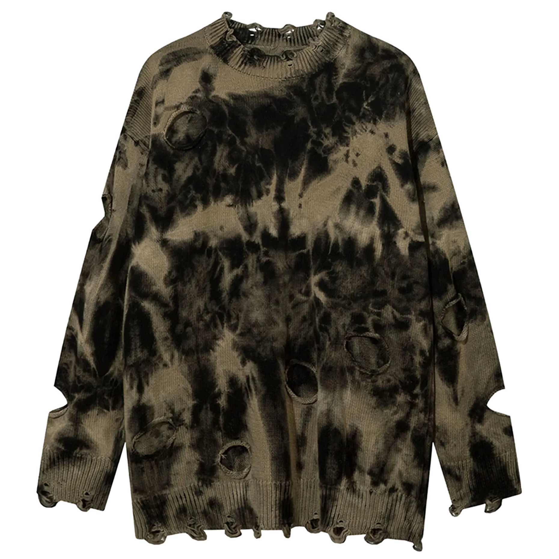 Shredded Tie-Dye Knit Sweater can be rewritten as Trendy Tie-Dye Knit Sweater with Distressed Details for better Google SEO opti