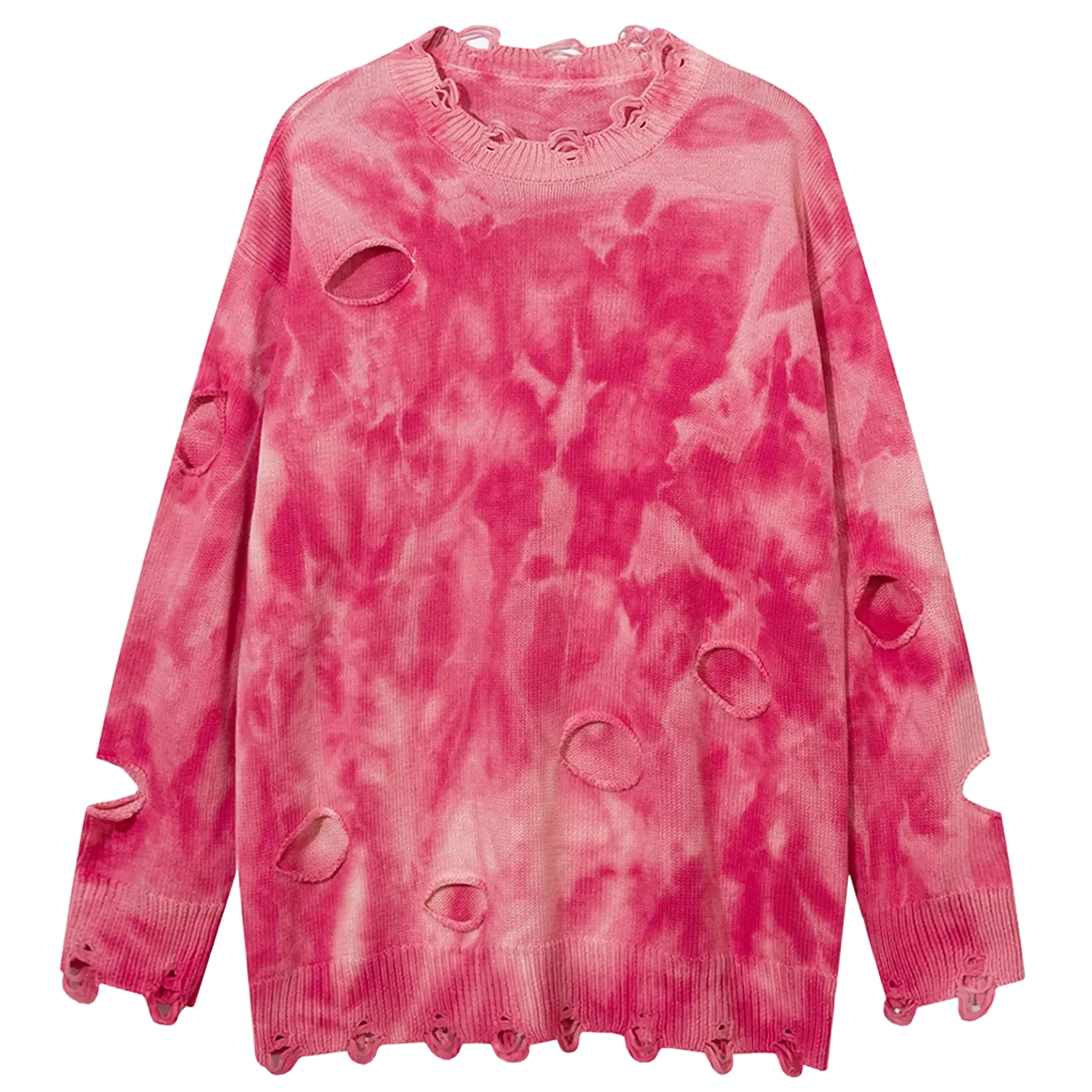 Shredded Tie-Dye Knit Sweater can be rewritten as Trendy Tie-Dye Knit Sweater with Distressed Details for better Google SEO opti