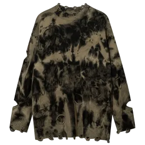 Shredded Tie-Dye Knit Sweater can be rewritten as Trendy Tie-Dye Knit Sweater with Distressed Details for better Google SEO opti