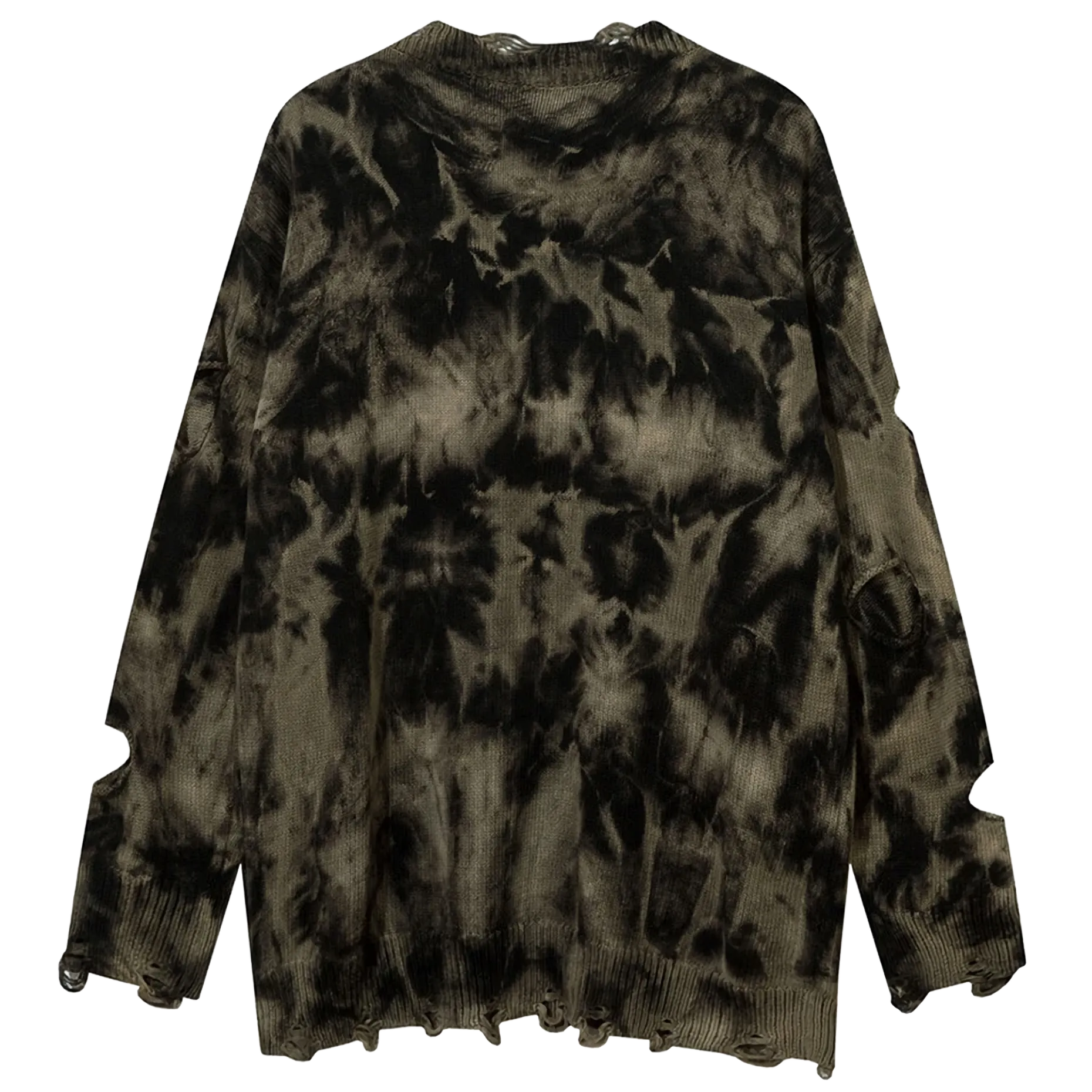 Shredded Tie-Dye Knit Sweater can be rewritten as Trendy Tie-Dye Knit Sweater with Distressed Details for better Google SEO opti