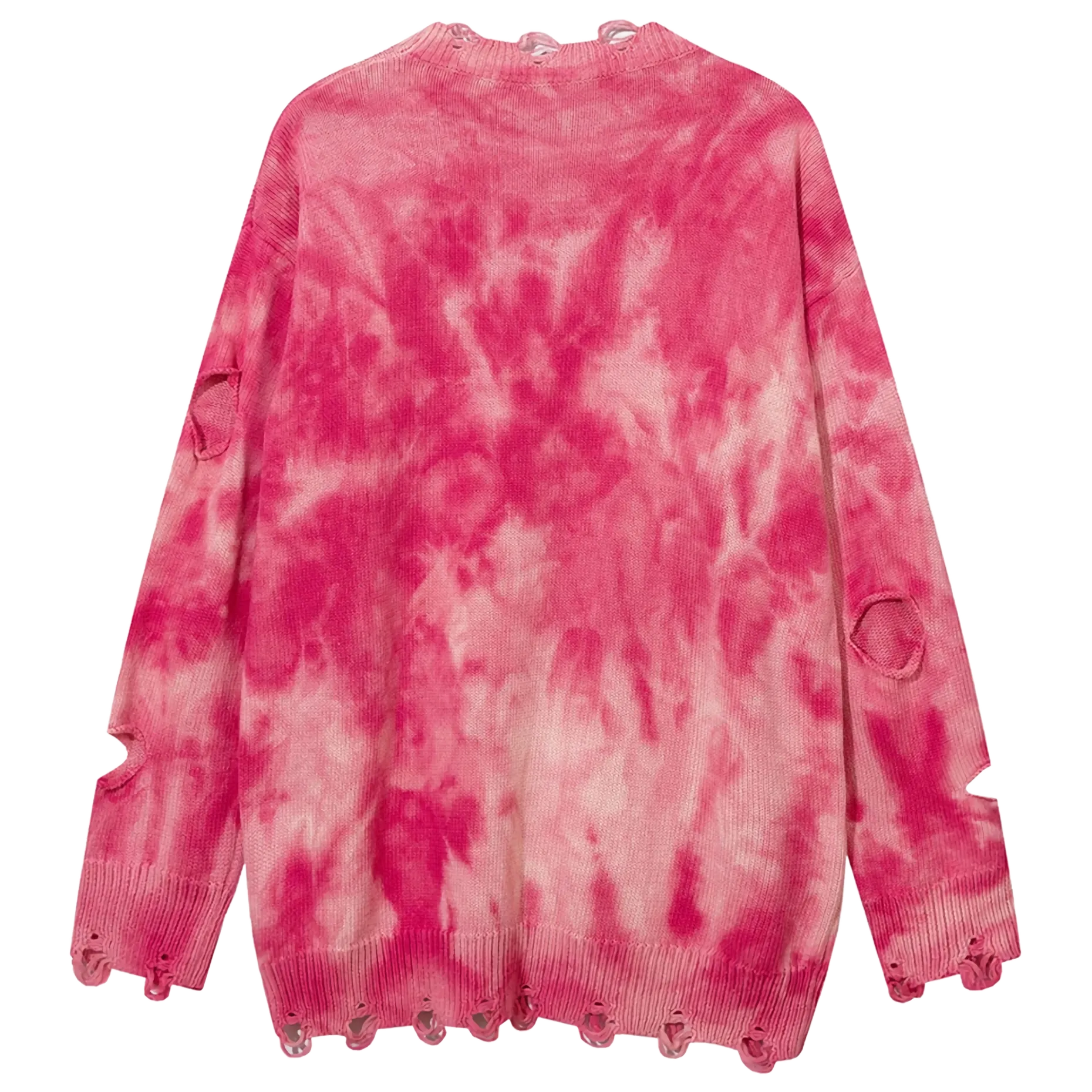 Shredded Tie-Dye Knit Sweater can be rewritten as Trendy Tie-Dye Knit Sweater with Distressed Details for better Google SEO opti