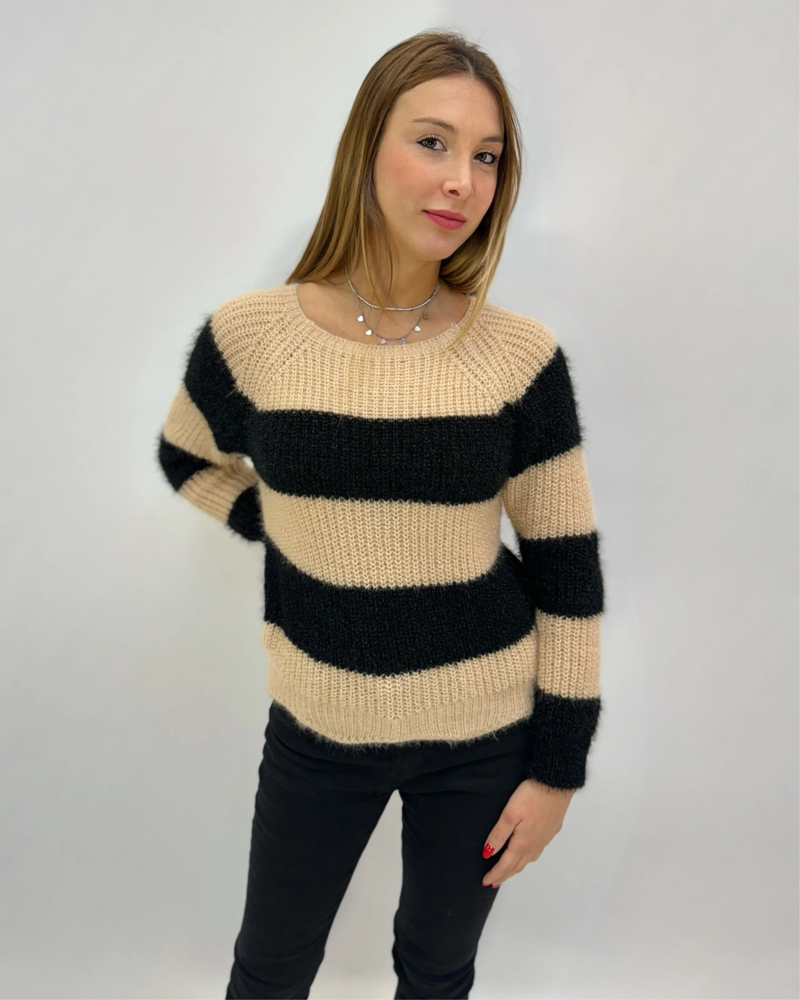 Soft striped plush pullover.