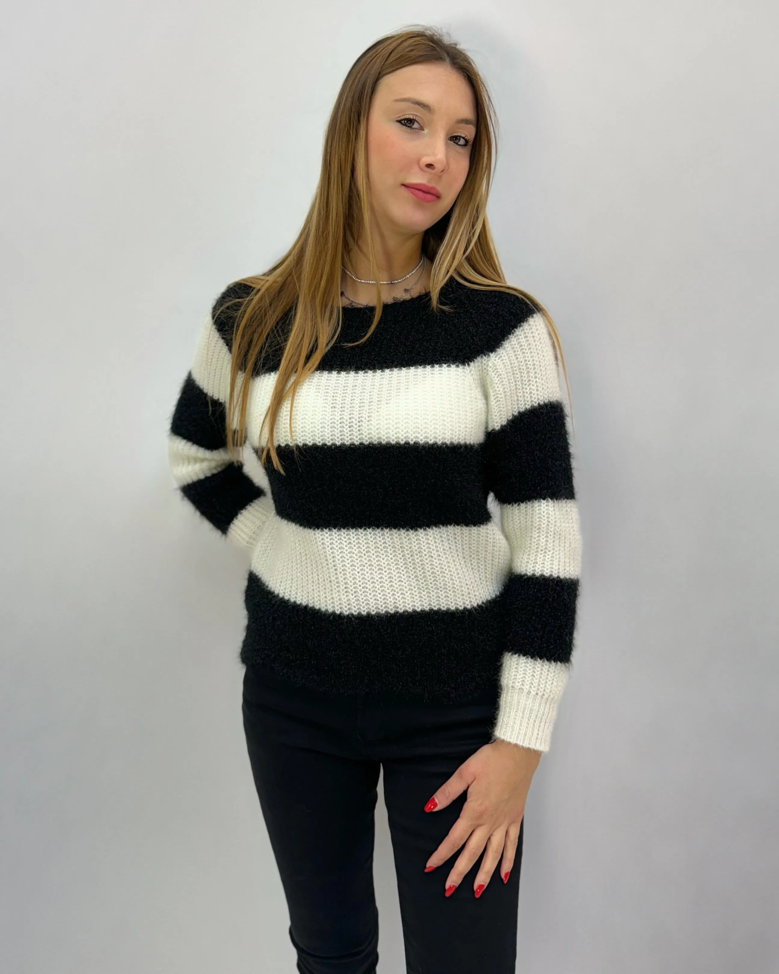 Soft striped plush pullover.