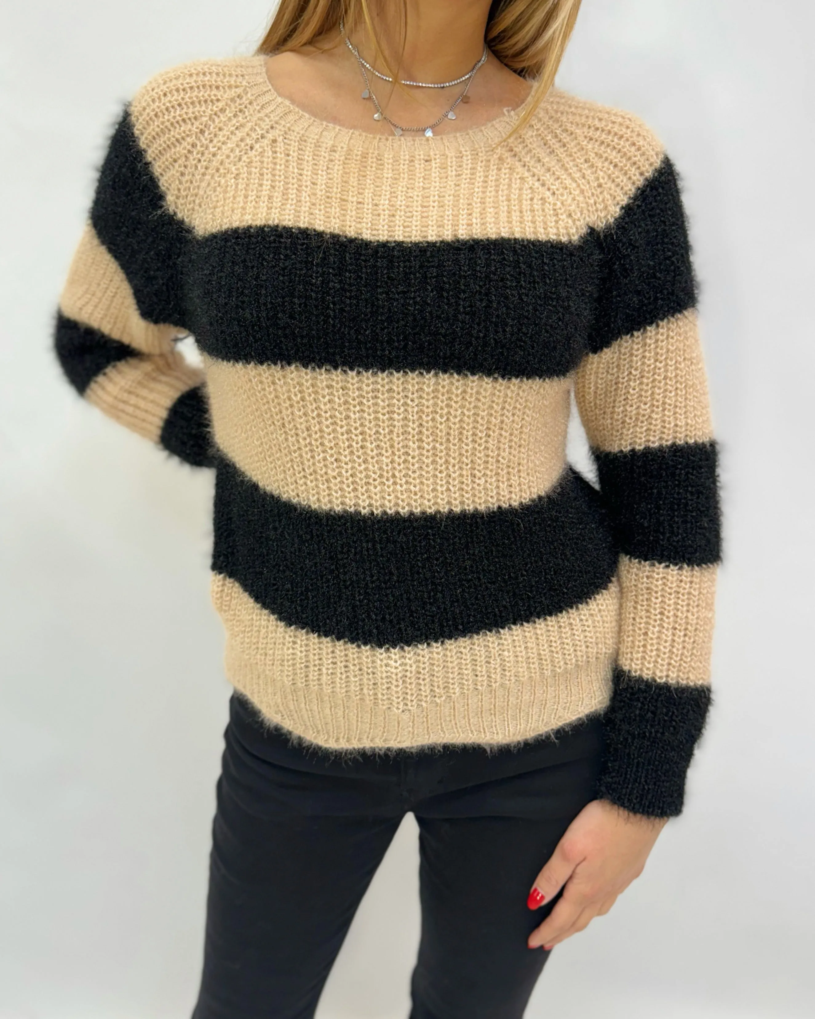 Soft striped plush pullover.