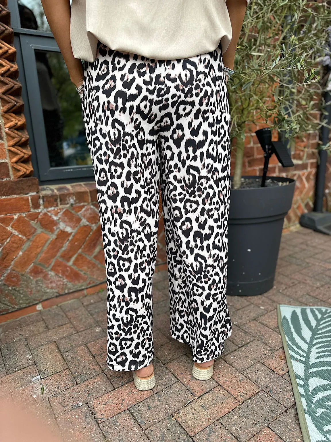 Stone Leopard Print Wide Leg Trousers for women