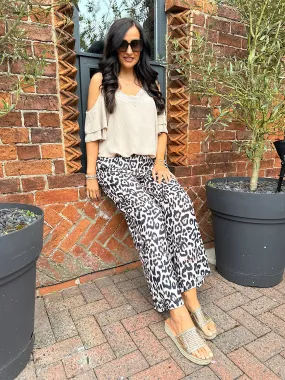 Stone Leopard Print Wide Leg Trousers for women