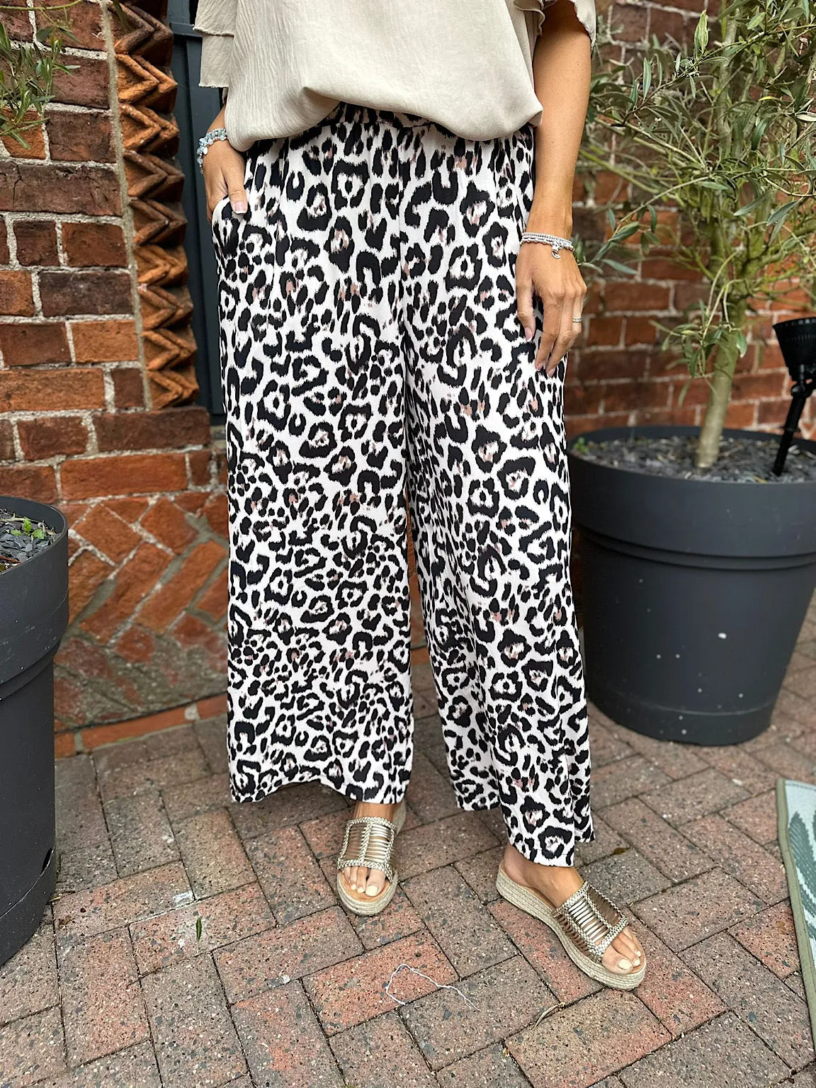 Stone Leopard Print Wide Leg Trousers for women