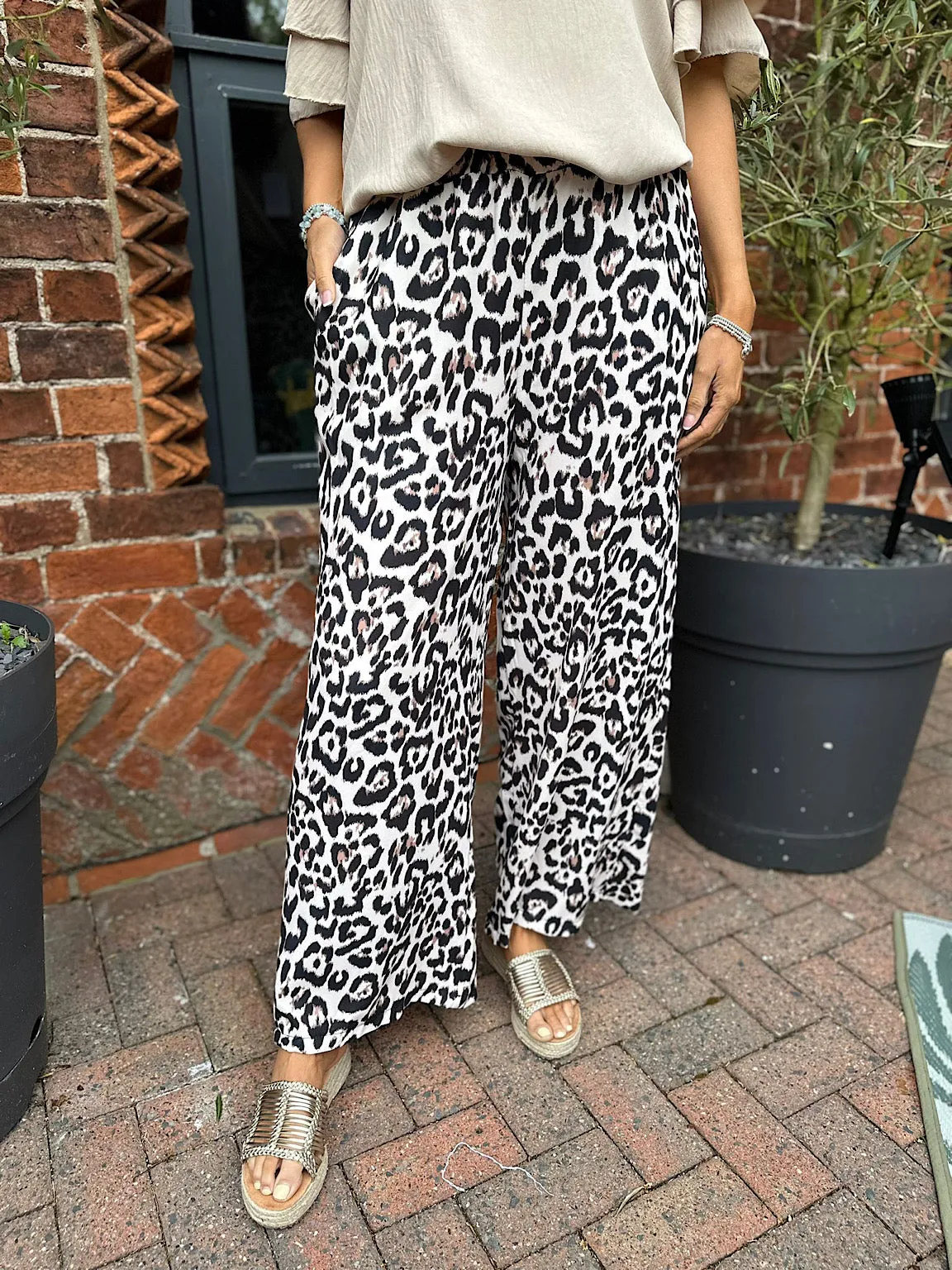 Stone Leopard Print Wide Leg Trousers for women