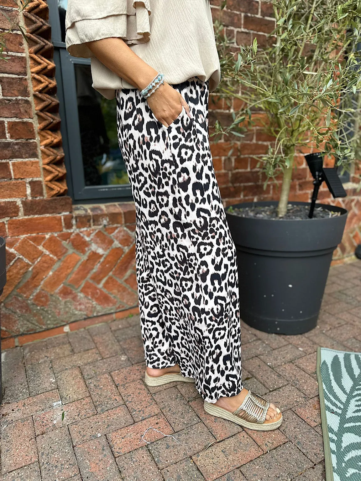 Stone Leopard Print Wide Leg Trousers for women