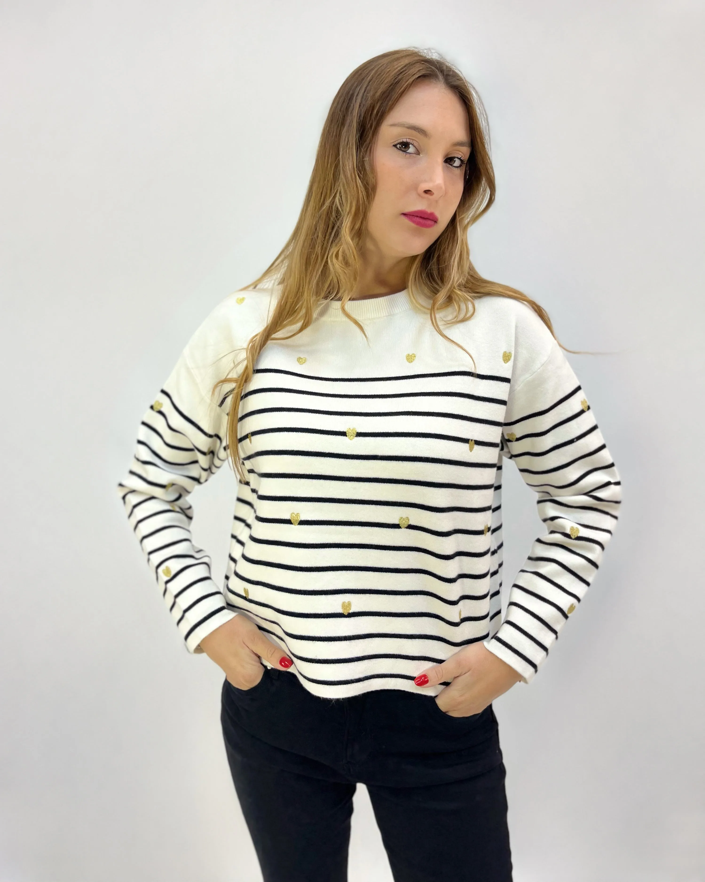 Striped pullover with heart embroideries