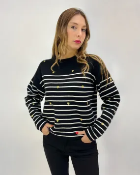 Striped pullover with heart embroideries