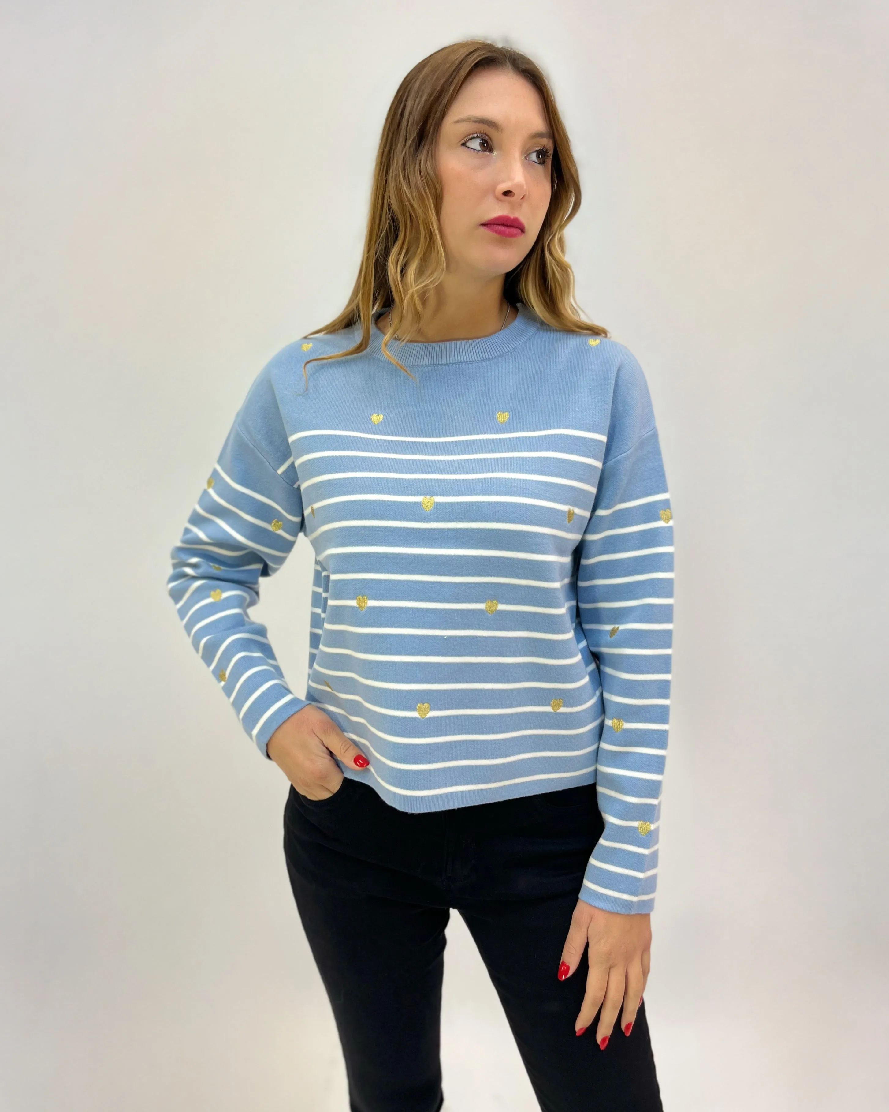 Striped pullover with heart embroideries