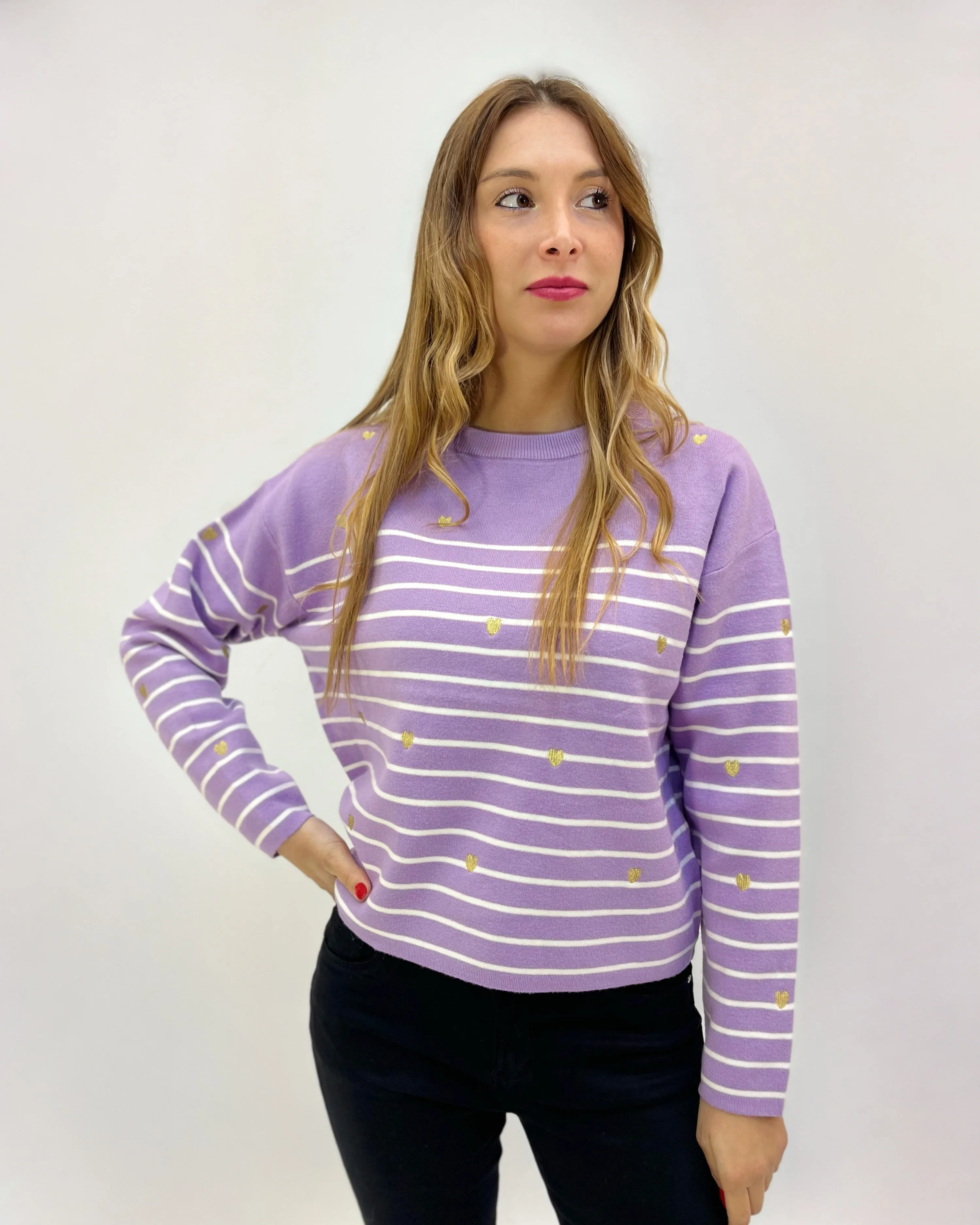 Striped pullover with heart embroideries