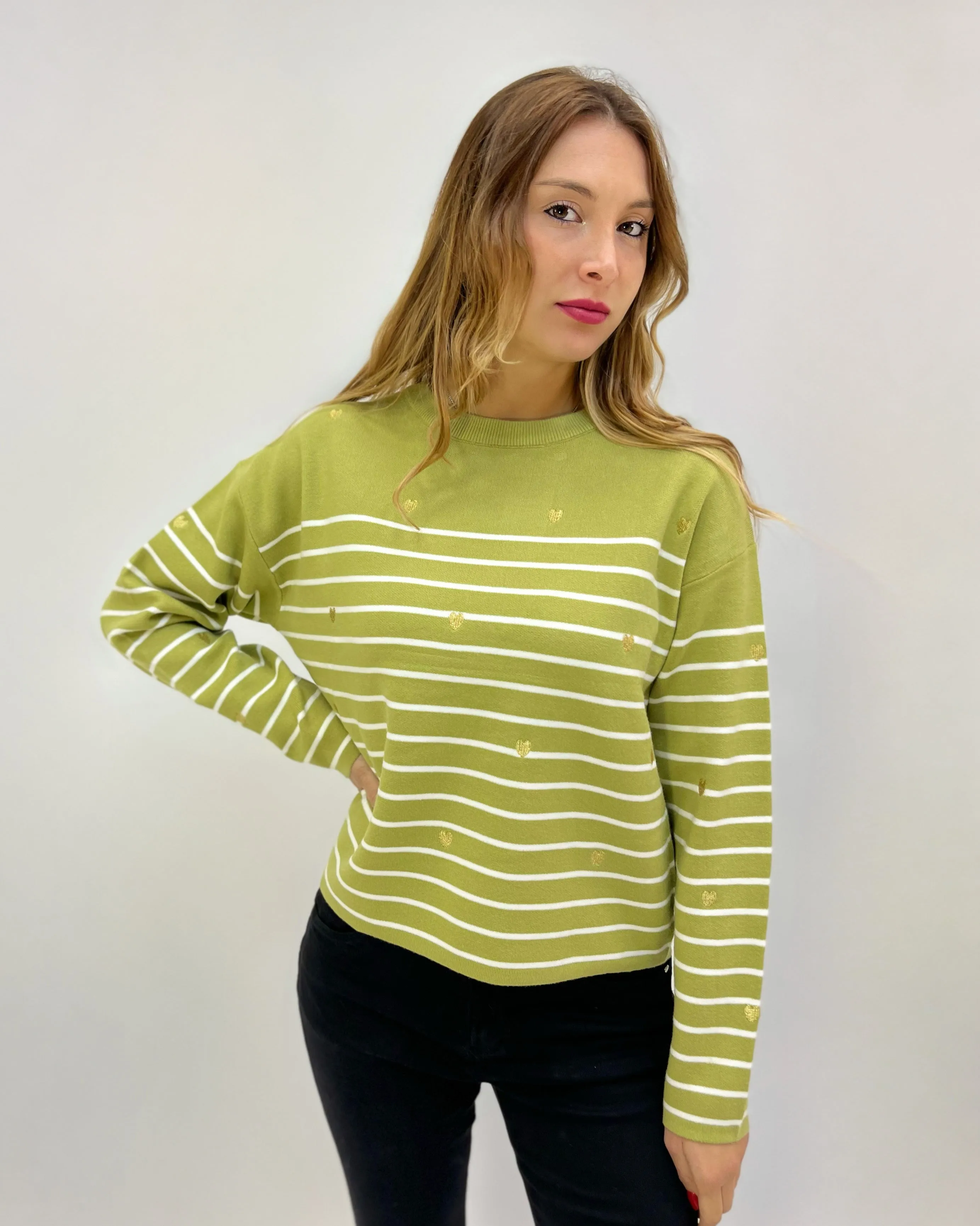 Striped pullover with heart embroideries