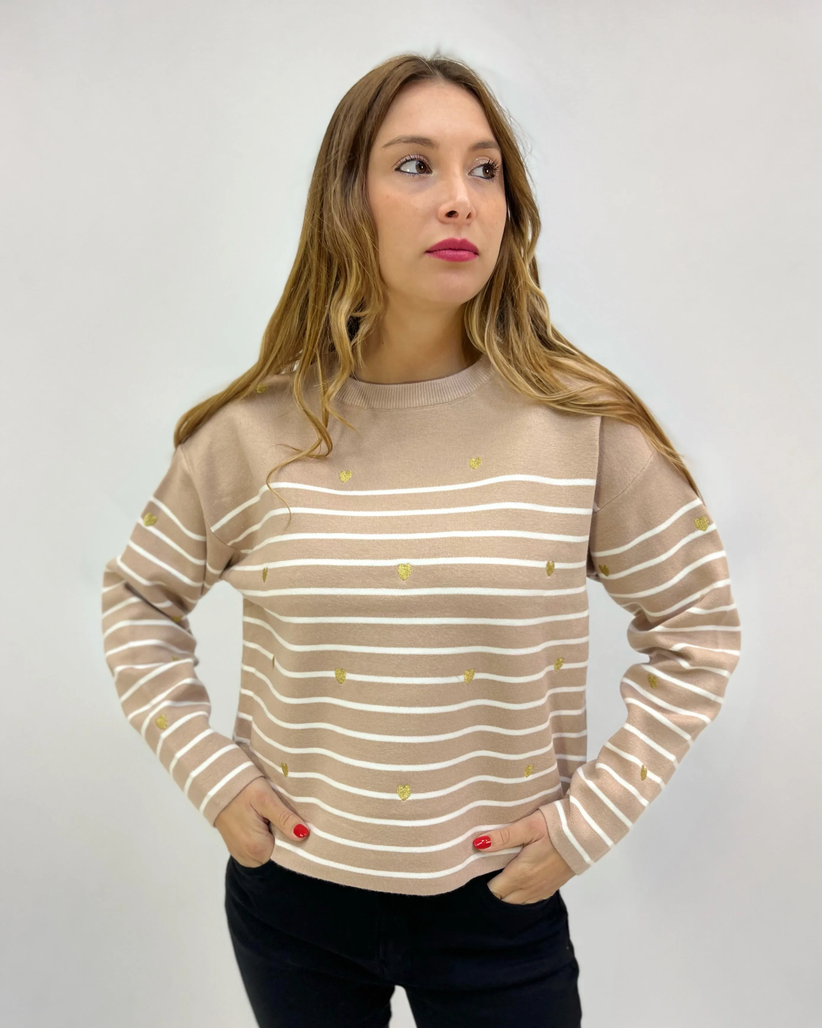 Striped pullover with heart embroideries