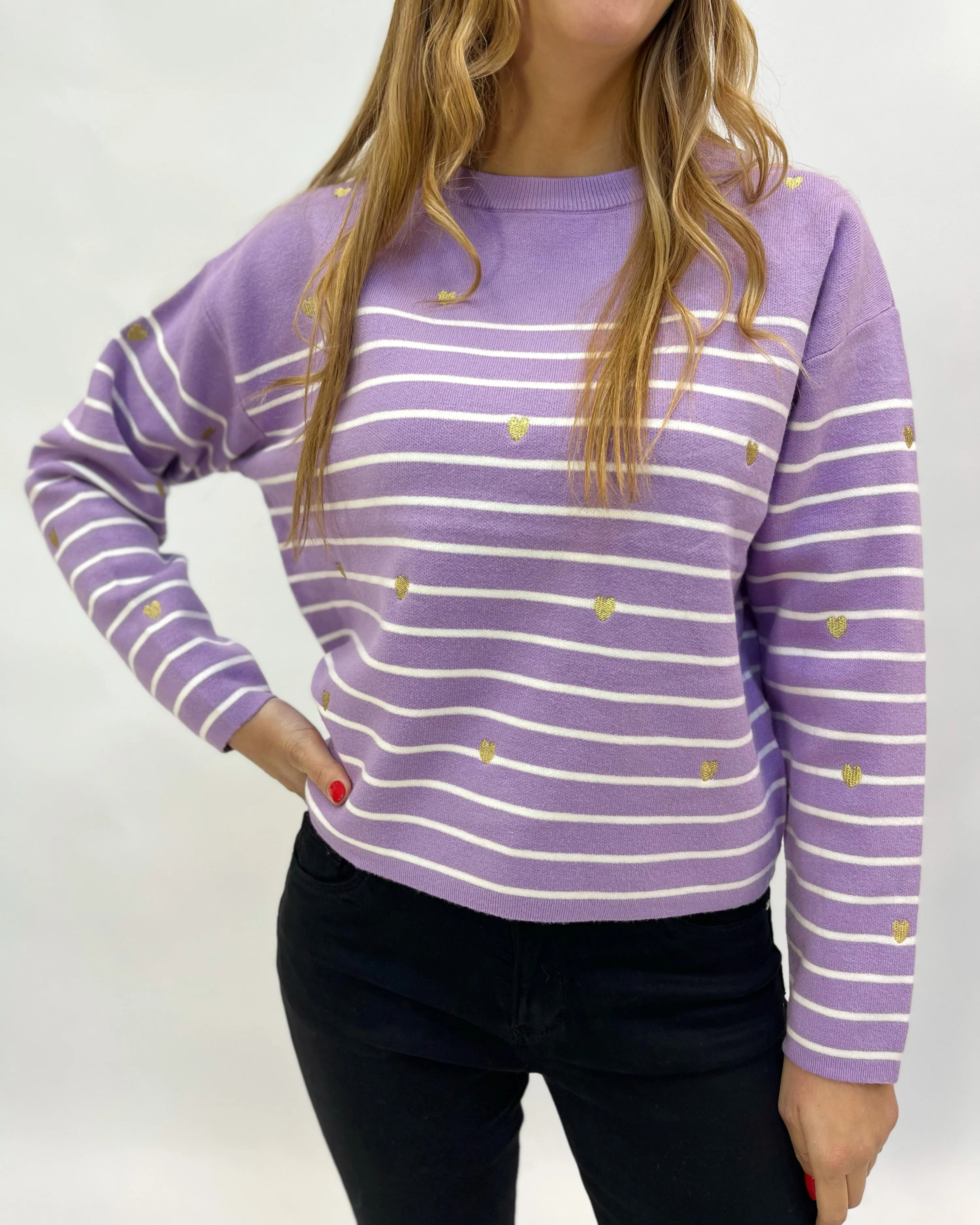 Striped pullover with heart embroideries