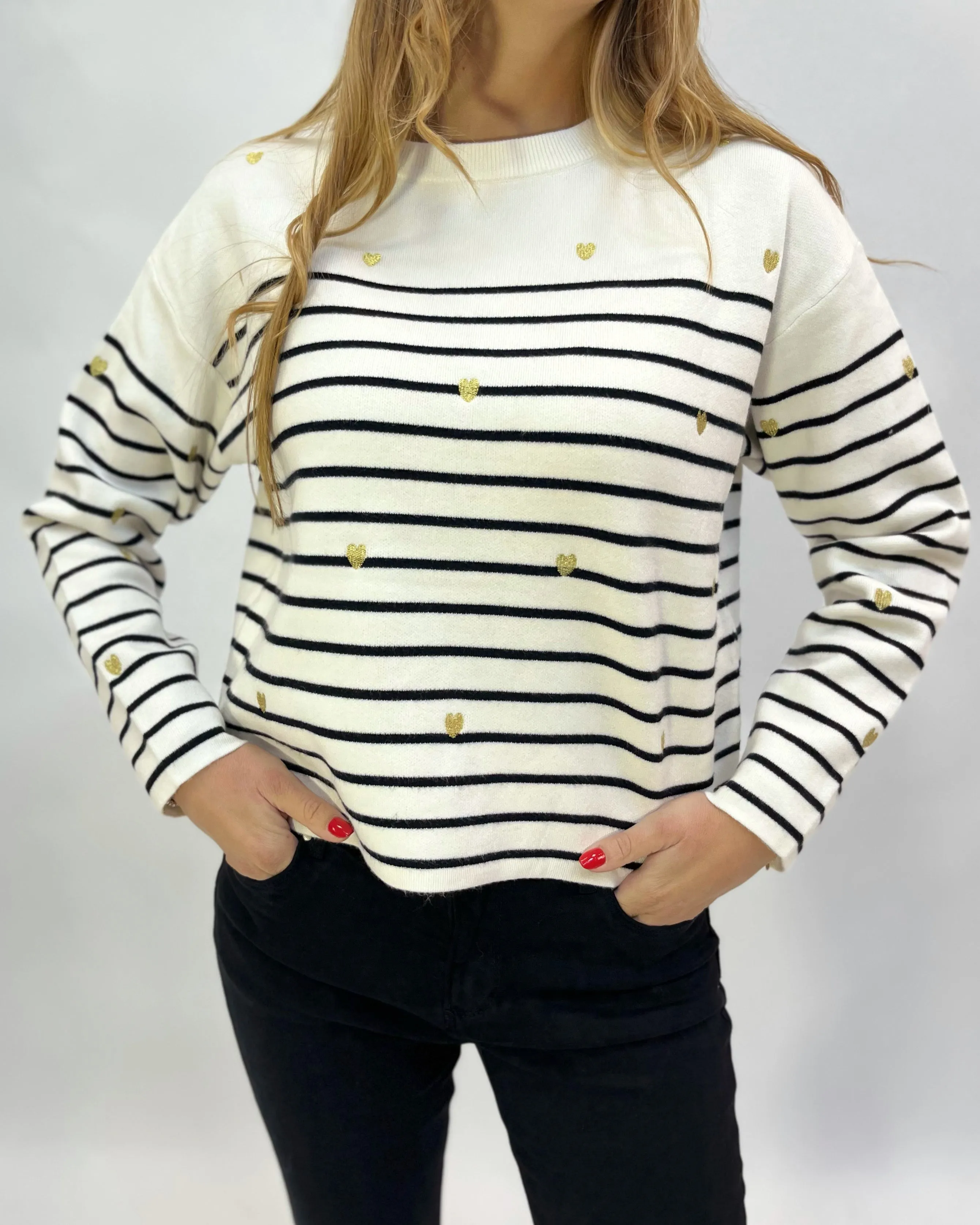 Striped pullover with heart embroideries