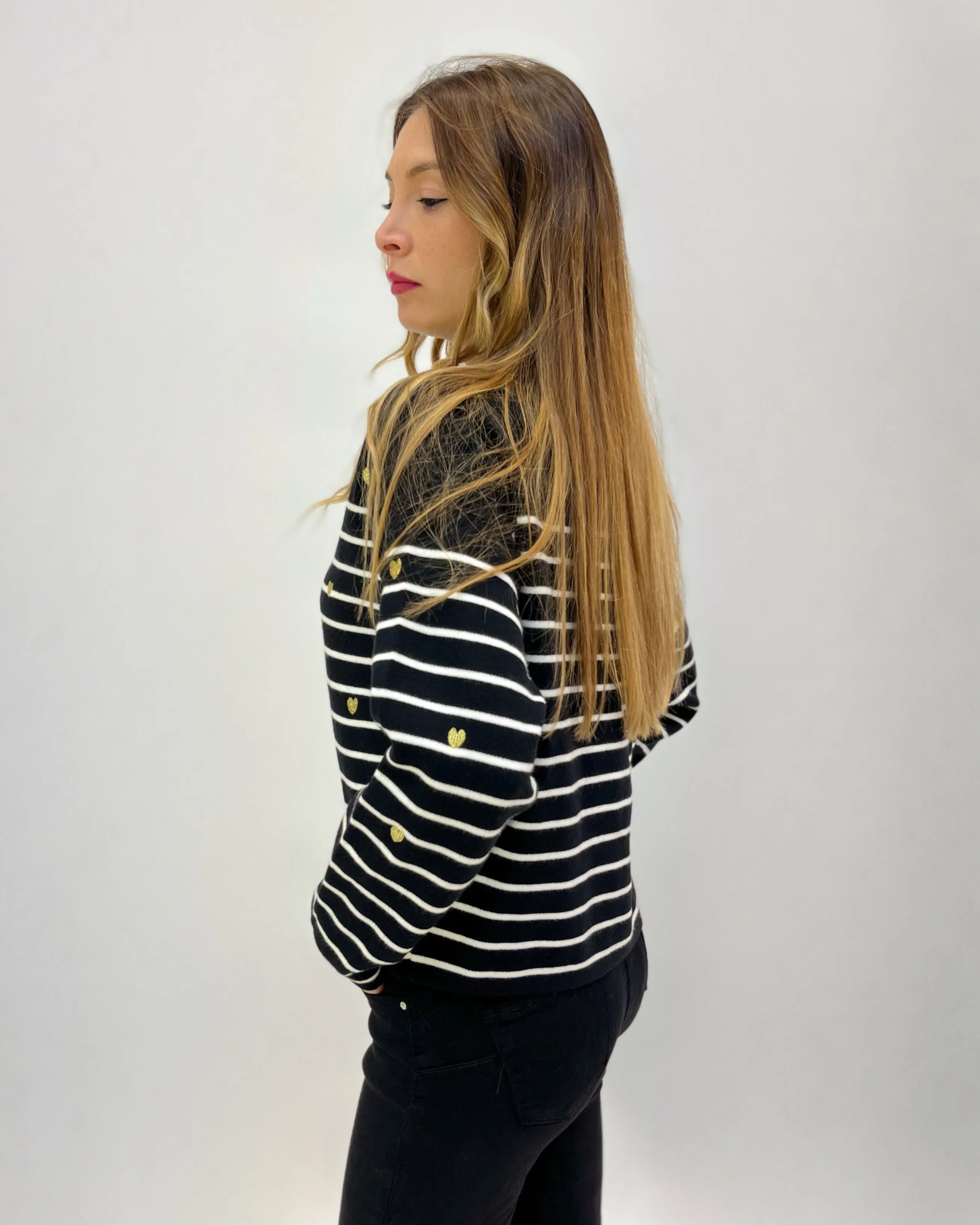 Striped pullover with heart embroideries