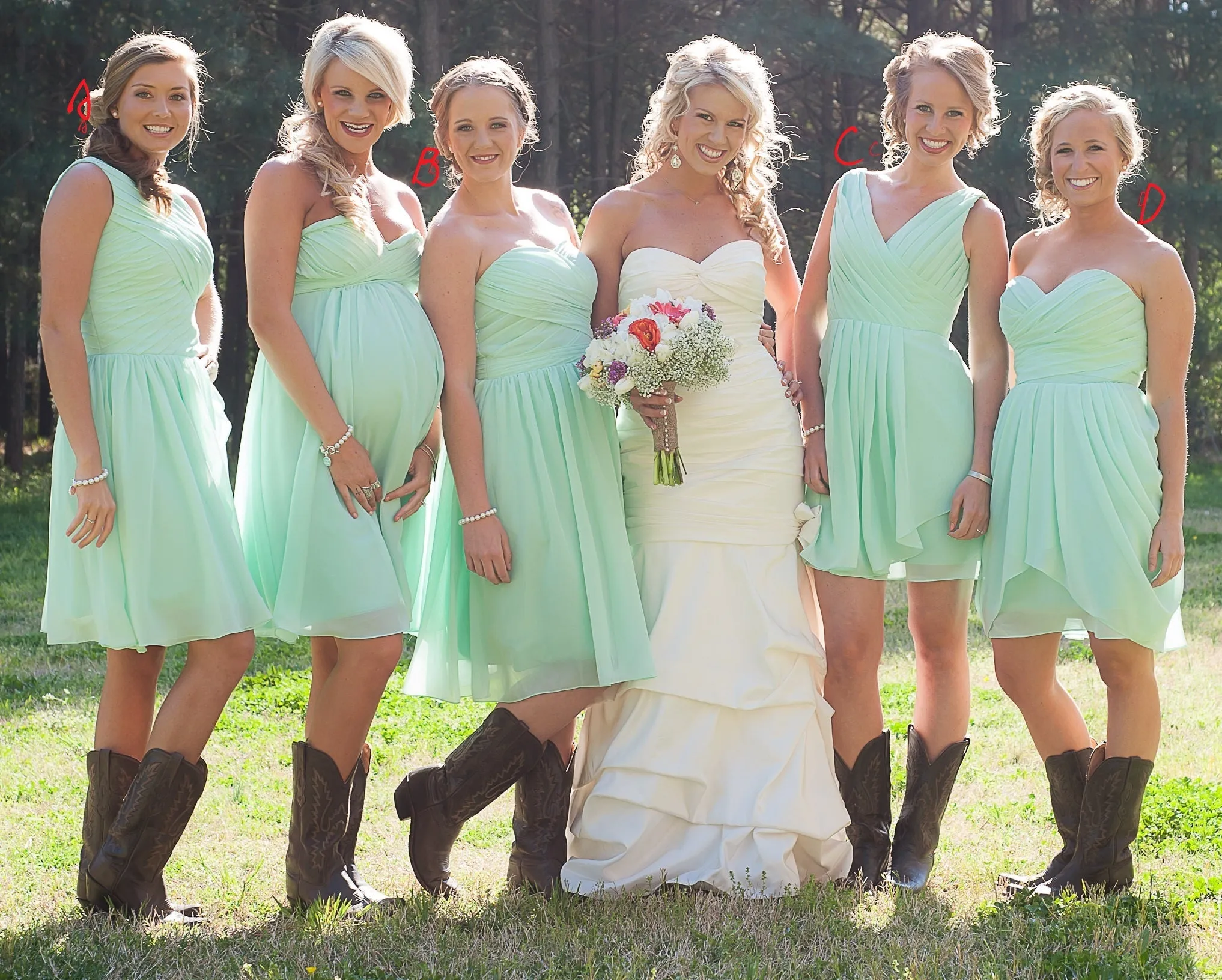 Summer Rustic Country Mint Green Mismatched Chiffon Short Bridesmaid Dresses with Boots