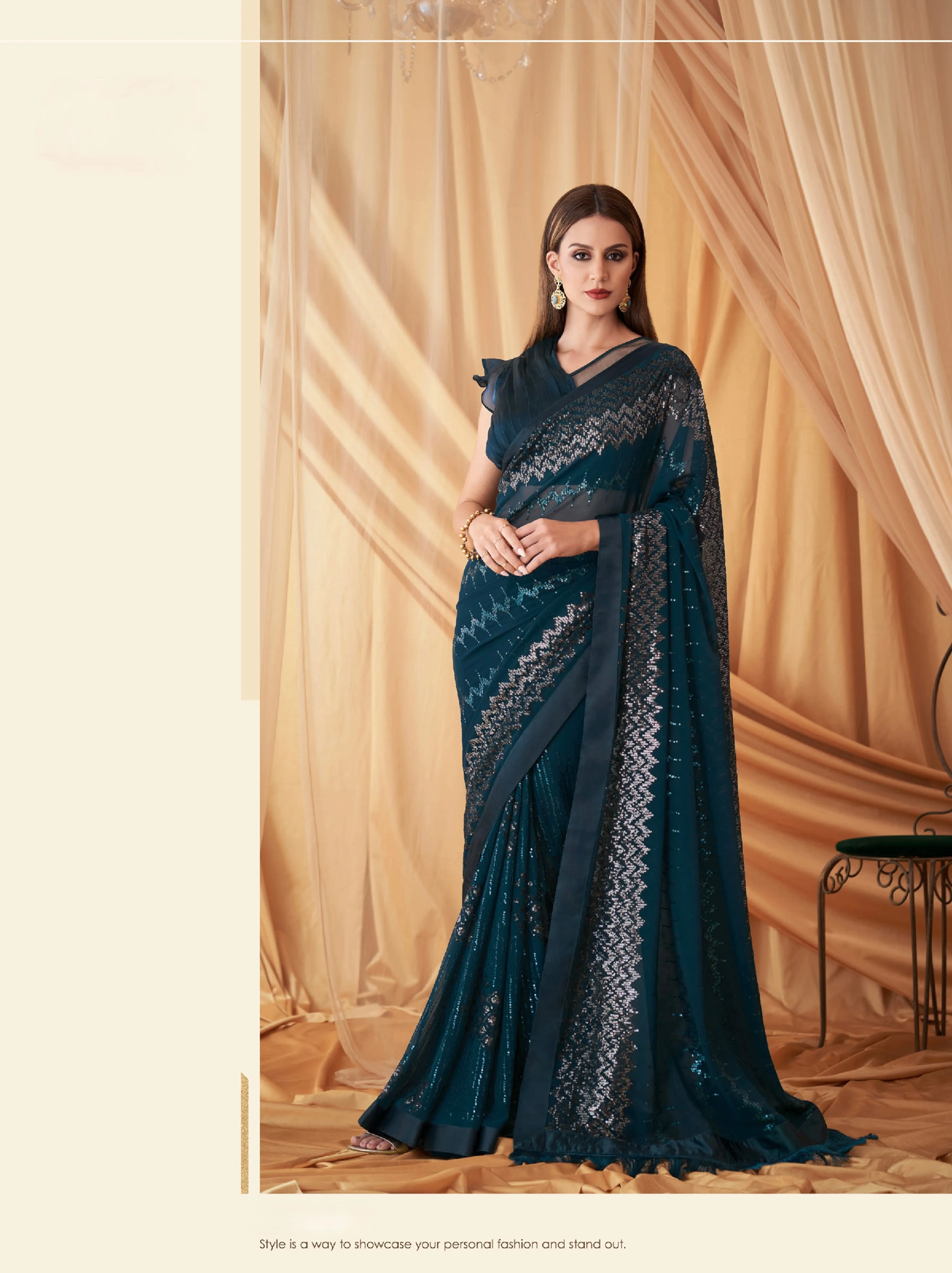 Teal Georgette Silk Embroidered Saree