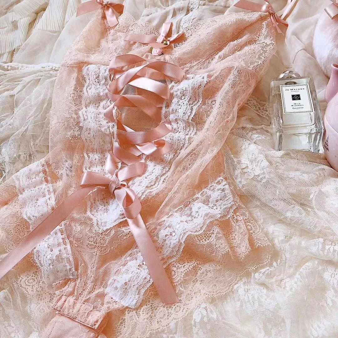 The dream of white peach lace lingerie babydoll