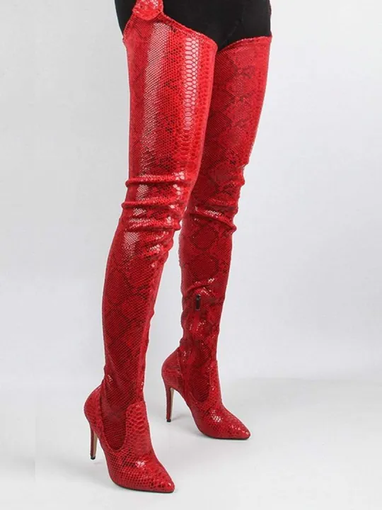 Thigh High Boots with Pointed Toe and Stiletto Heel