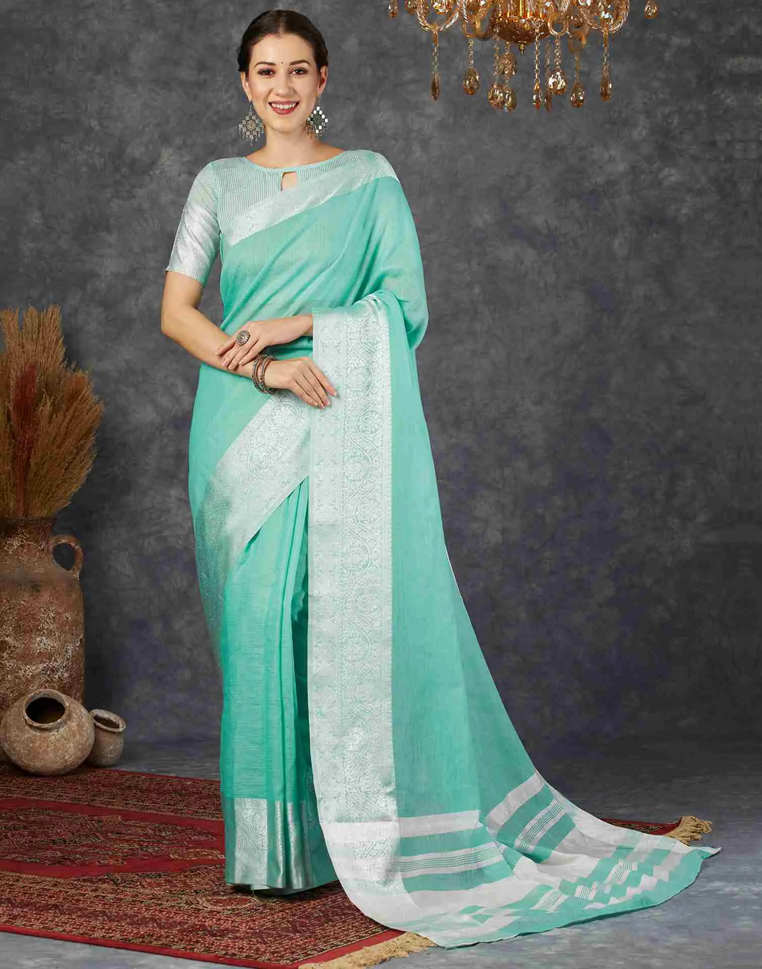 Turquoise Cotton Woven Banarasi Saree