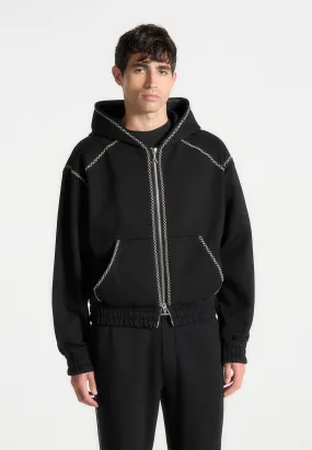 Whipstitch Raglan Effect Zip Hoodie - Black