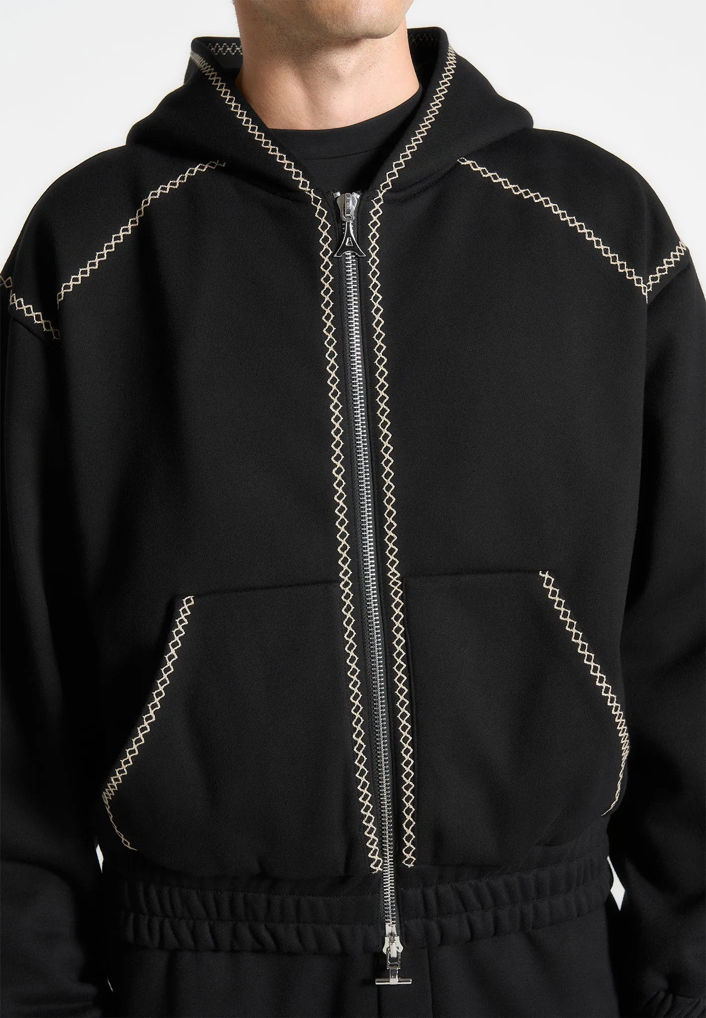 Whipstitch Raglan Effect Zip Hoodie - Black