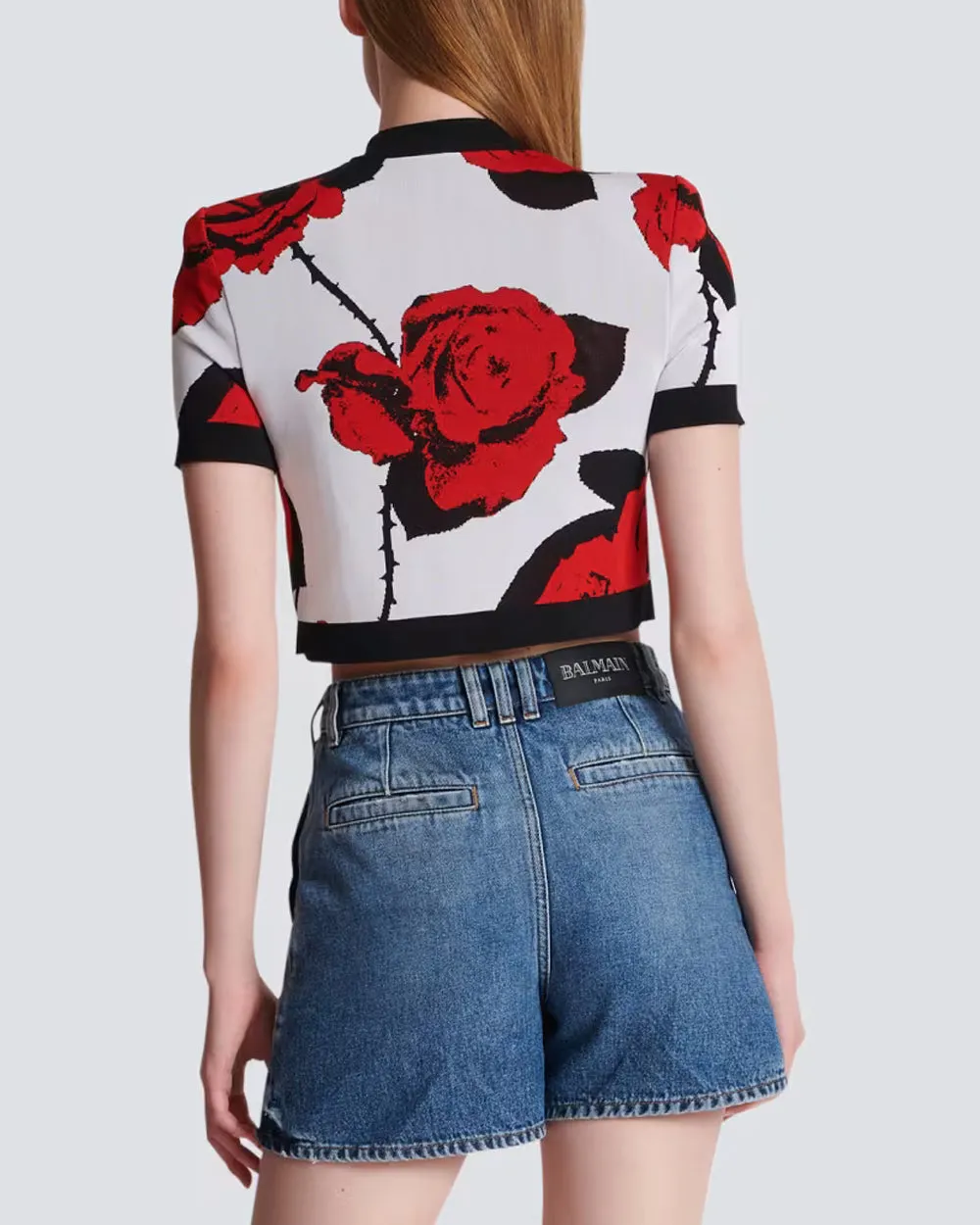 White and Red Rose Jacquard Crop Cardigan