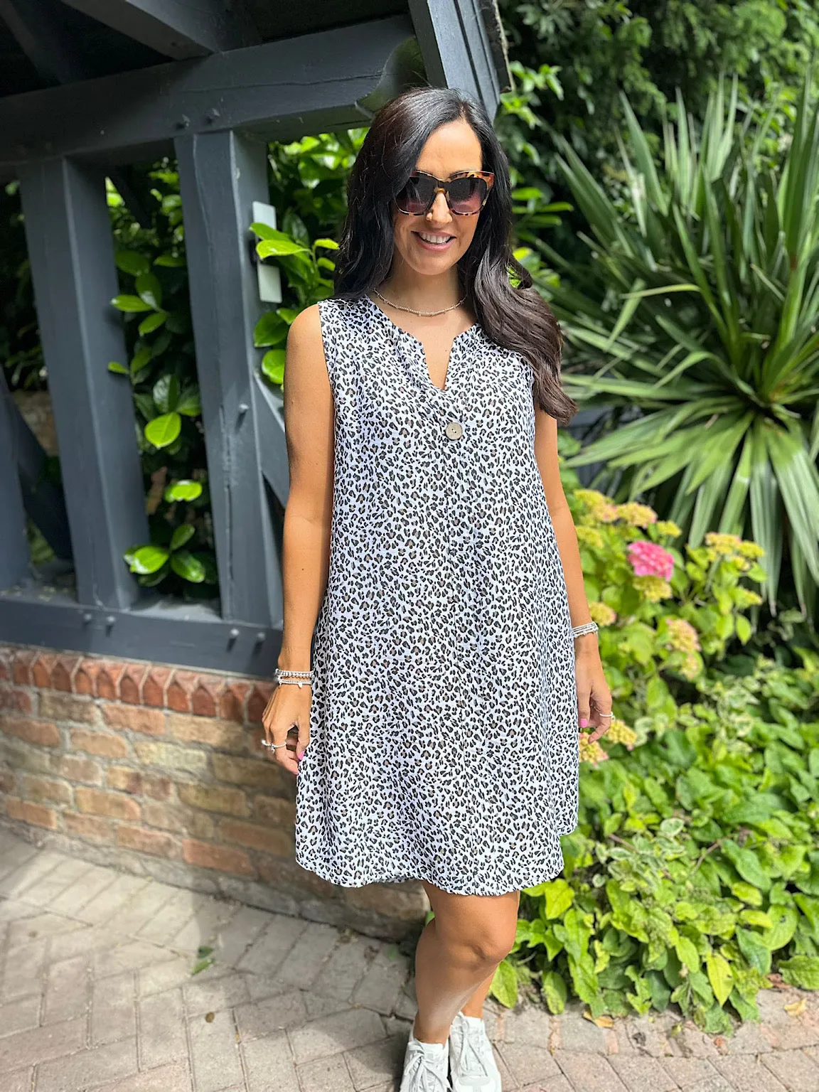 White Leopard Print Sleeveless Button Dress 