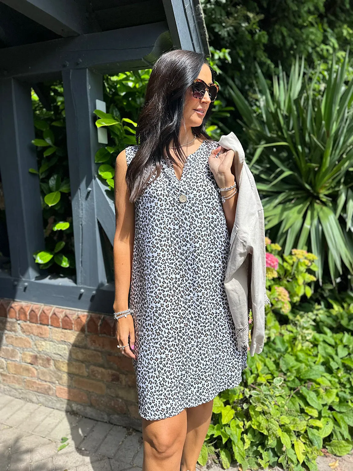 White Leopard Print Sleeveless Button Dress 