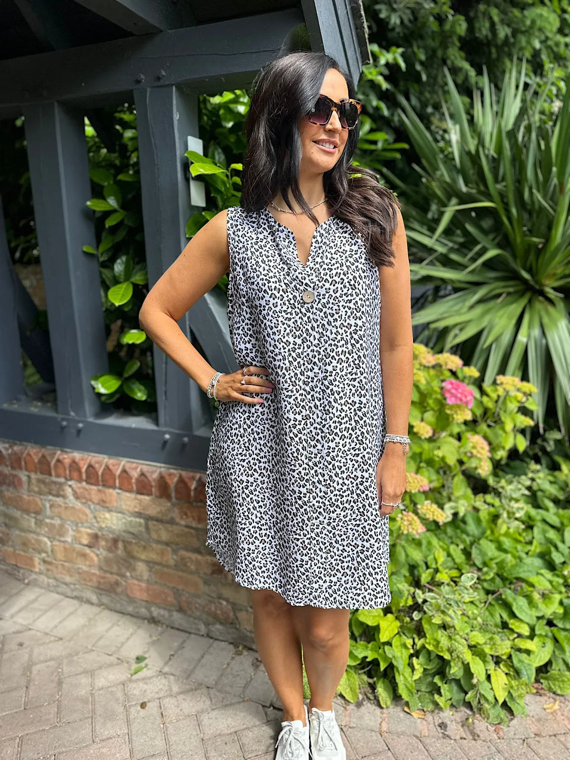 White Leopard Print Sleeveless Button Dress 