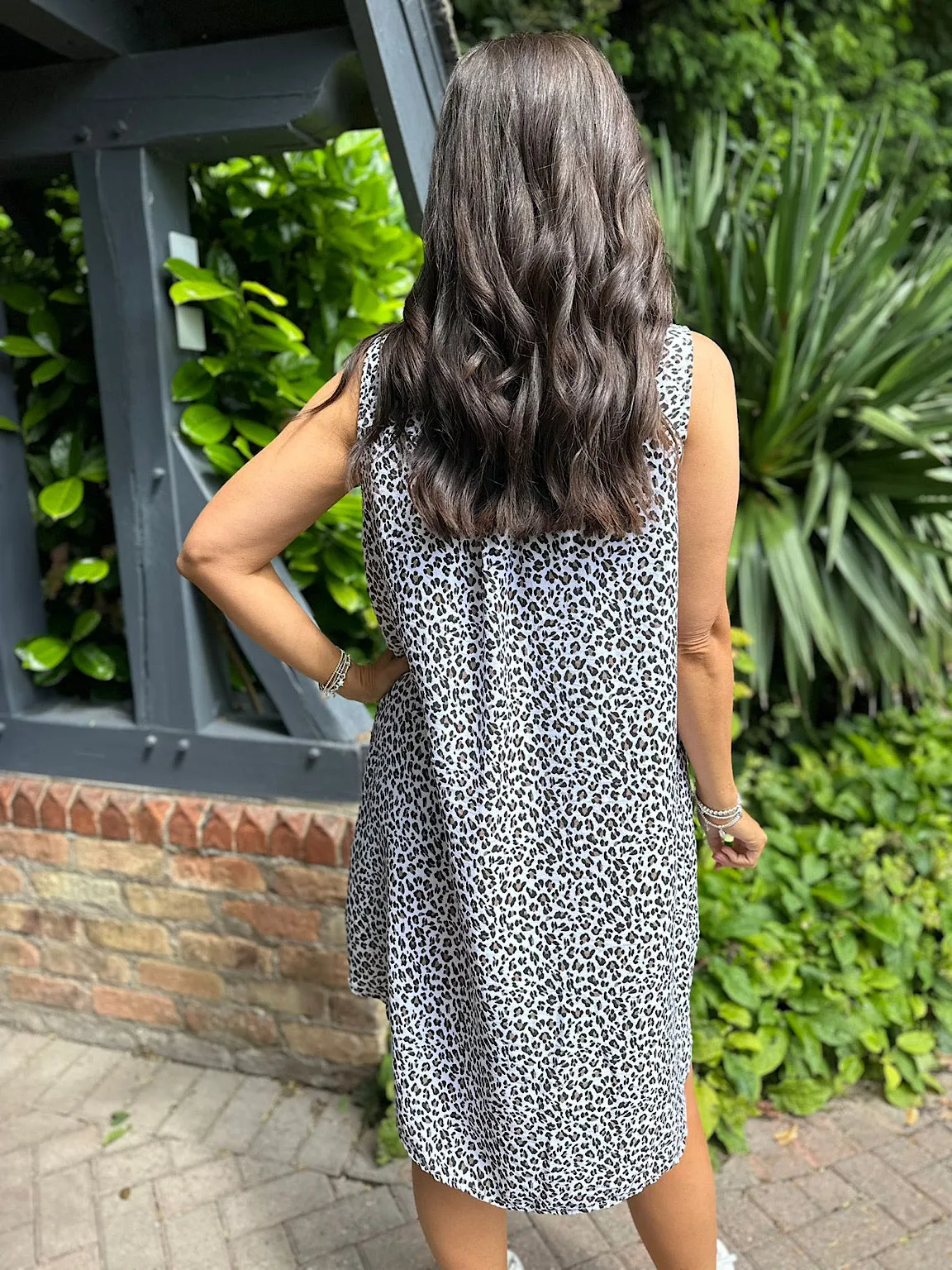 White Leopard Print Sleeveless Button Dress 