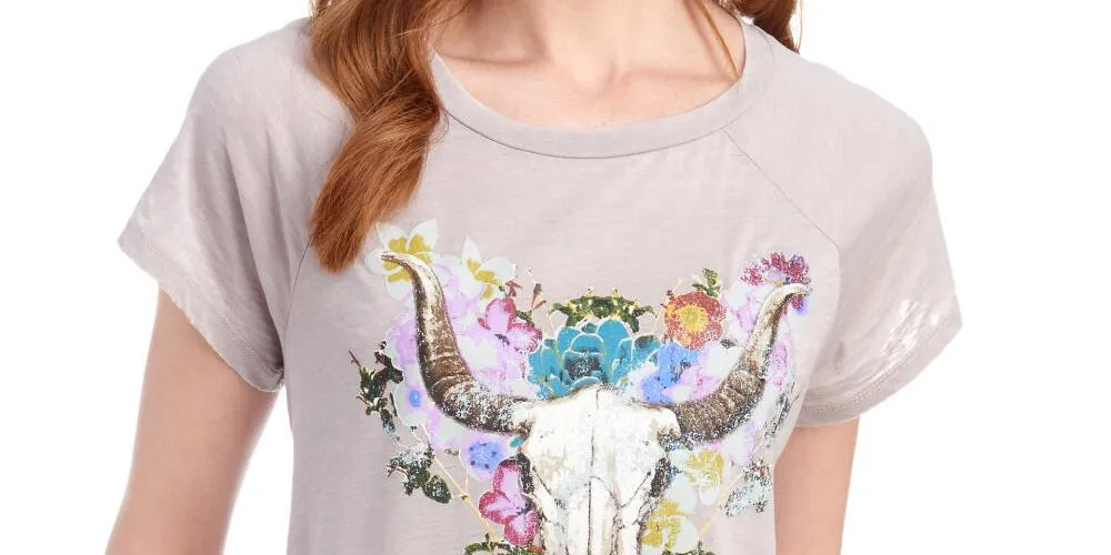 William Rast Women's Skull Blooms T-Shirt Gray Medium