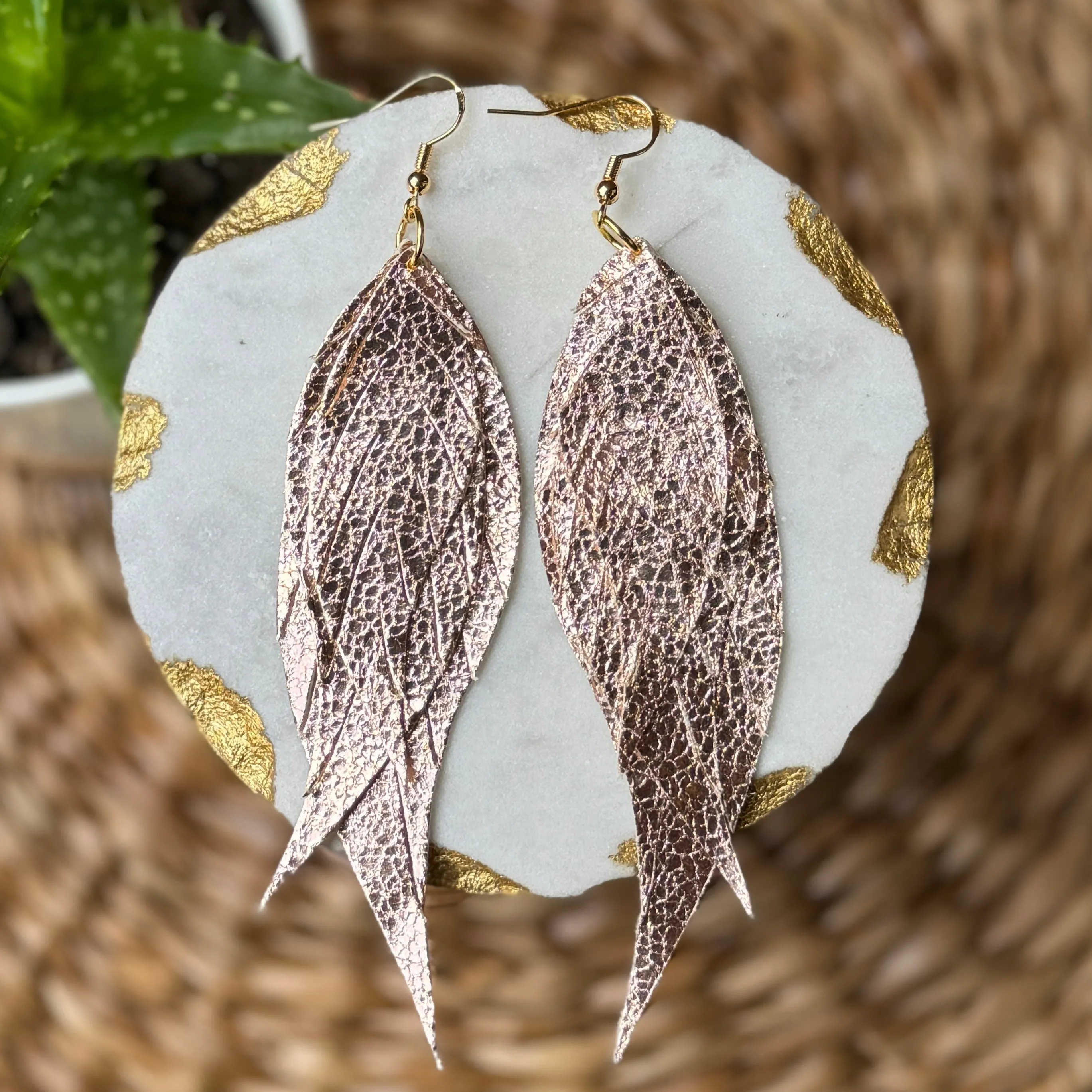 Wings of an Angel - Small - Rose Gold Crackle - Leather Earrings